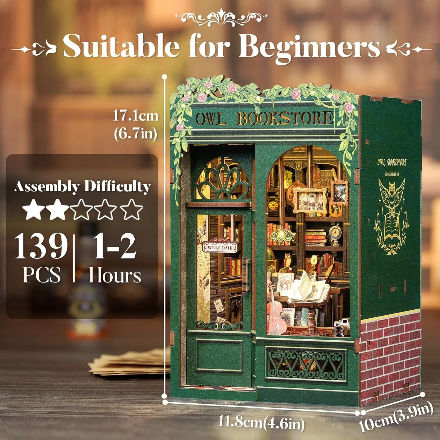 CUTEBEE Book Nook Kit Owl Bookstore - DIY Miniature House Dollhouse Kit for Adult and Teens, Booknook Bookshelf Decor Alley Model Build with LED Light, Gifts for Family and Friends