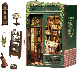 CUTEBEE Book Nook Kit Owl Bookstore - DIY Miniature House Dollhouse Kit for Adult and Teens, Booknook Bookshelf Decor Alley Model Build with LED Light, Gifts for Family and Friends