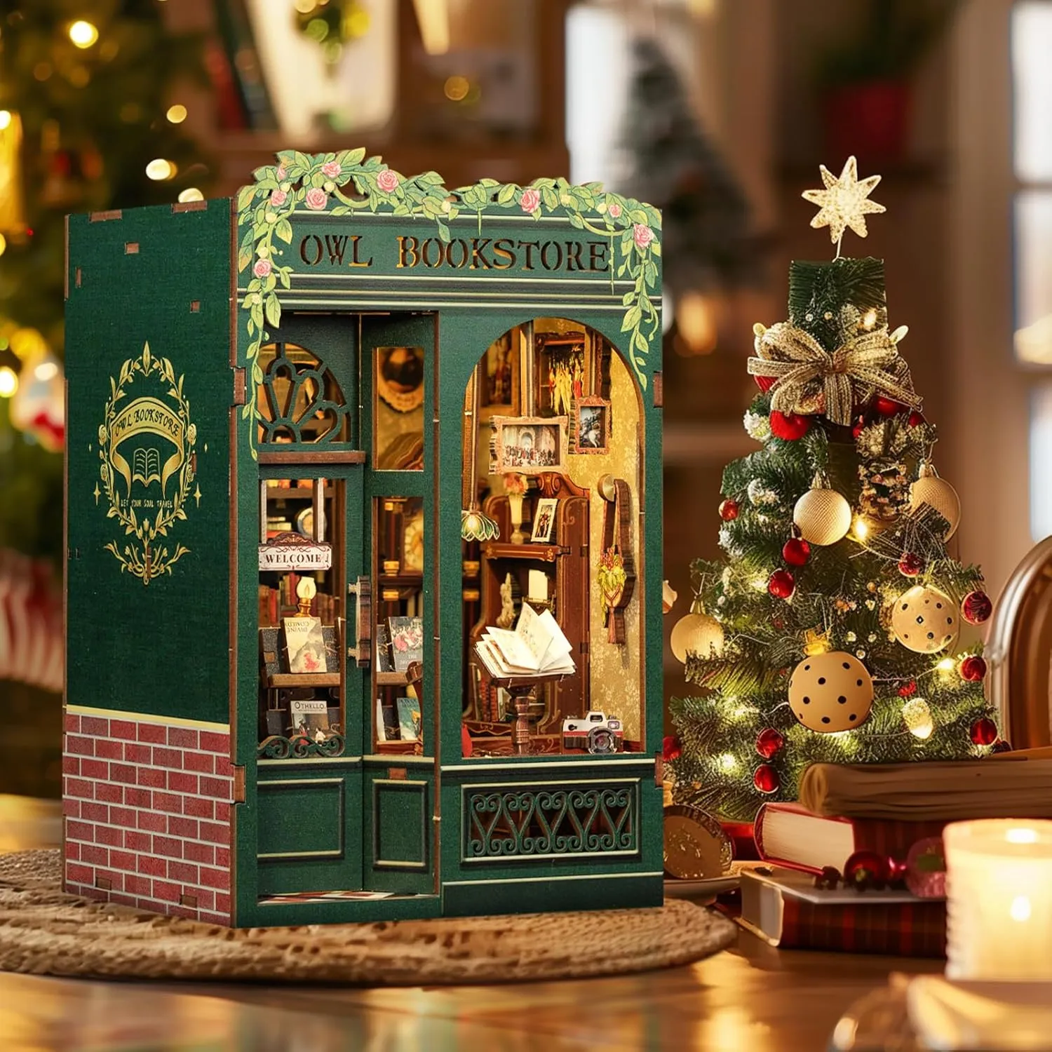 CUTEBEE Book Nook Kit Owl Bookstore - DIY Miniature House Dollhouse Kit for Adult and Teens, Booknook Bookshelf Decor Alley Model Build with LED Light, Gifts for Family and Friends