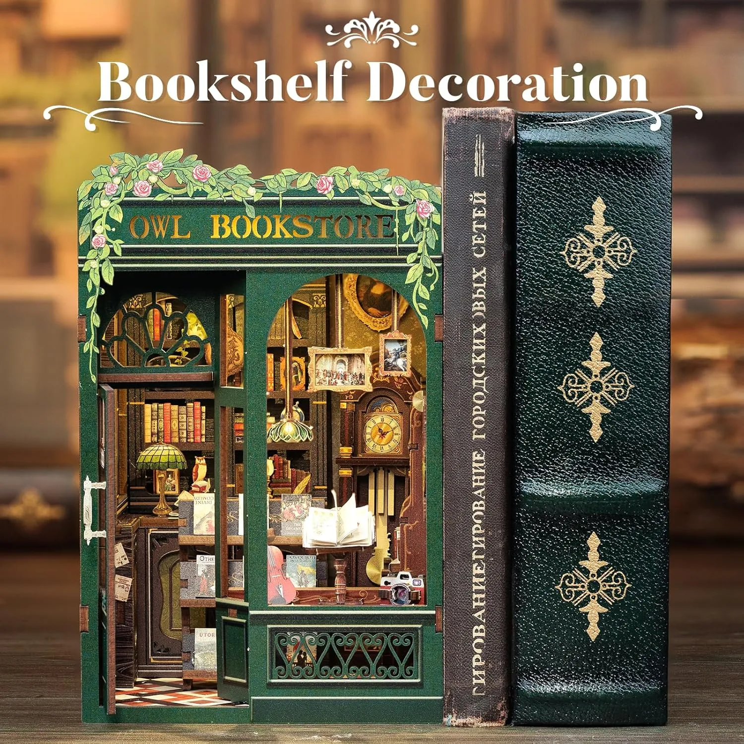 CUTEBEE Book Nook Kit Owl Bookstore - DIY Miniature House Dollhouse Kit for Adult and Teens, Booknook Bookshelf Decor Alley Model Build with LED Light, Gifts for Family and Friends