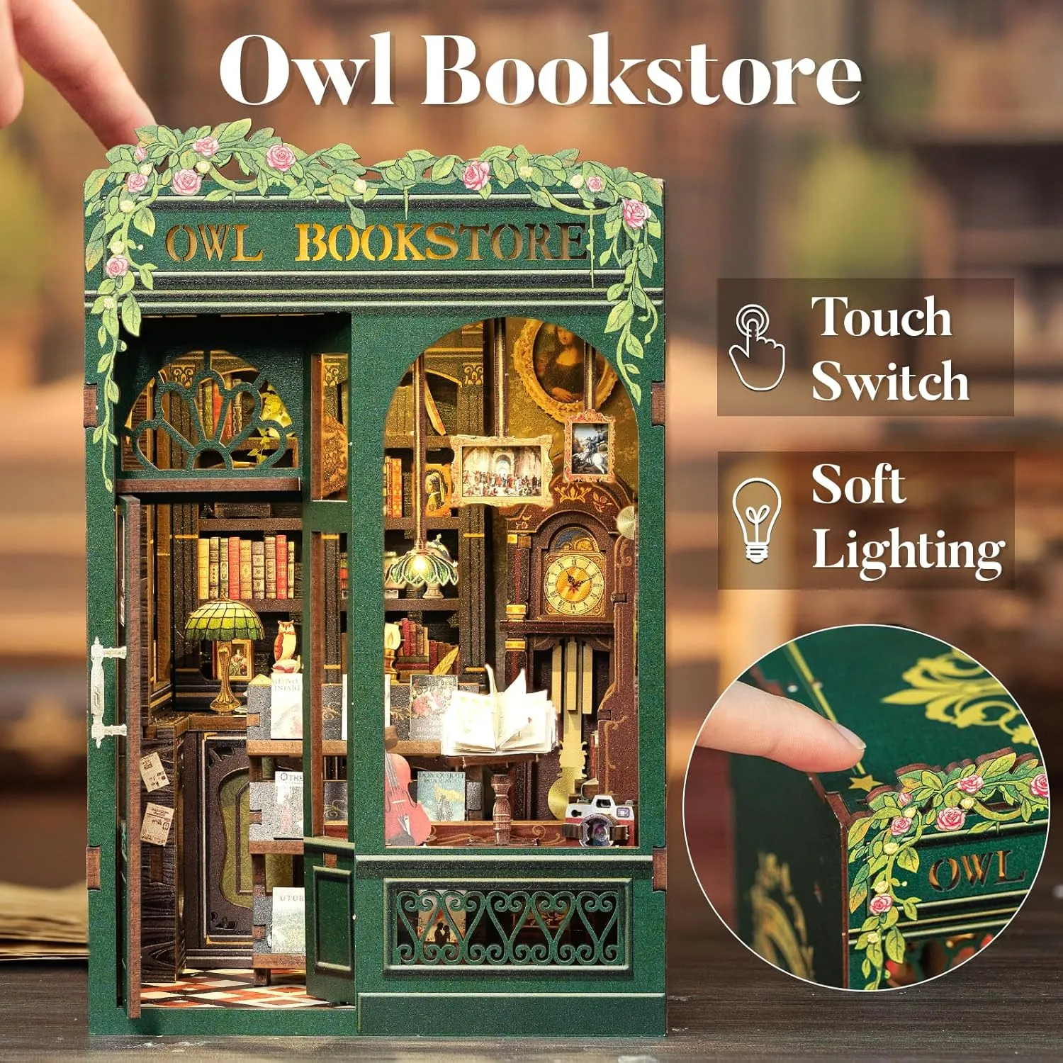 CUTEBEE Book Nook Kit Owl Bookstore - DIY Miniature House Dollhouse Kit for Adult and Teens, Booknook Bookshelf Decor Alley Model Build with LED Light, Gifts for Family and Friends