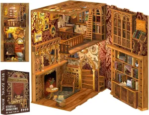 Cutefun Book Nook Kit, DIY Miniature House Kit for Adults, 3D Wooden Puzzle Bookend Bookshelf Insert Decor with LED Light and Dust Cover, Booknook Gifts for Book Lovers (Eternal Bookstore)