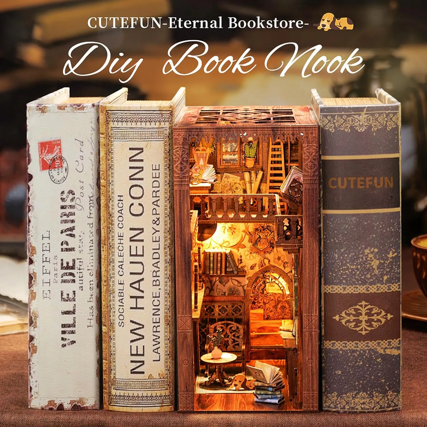 Cutefun Book Nook Kit, DIY Miniature House Kit for Adults, 3D Wooden Puzzle Bookend Bookshelf Insert Decor with LED Light and Dust Cover, Booknook Gifts for Book Lovers (Eternal Bookstore)