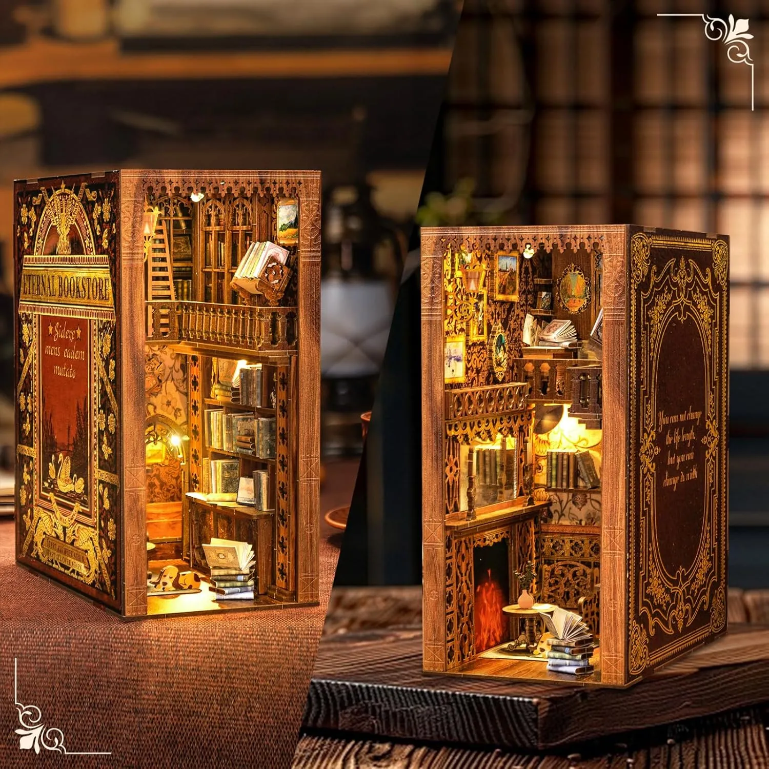Cutefun Book Nook Kit, DIY Miniature House Kit for Adults, 3D Wooden Puzzle Bookend Bookshelf Insert Decor with LED Light and Dust Cover, Booknook Gifts for Book Lovers (Eternal Bookstore)
