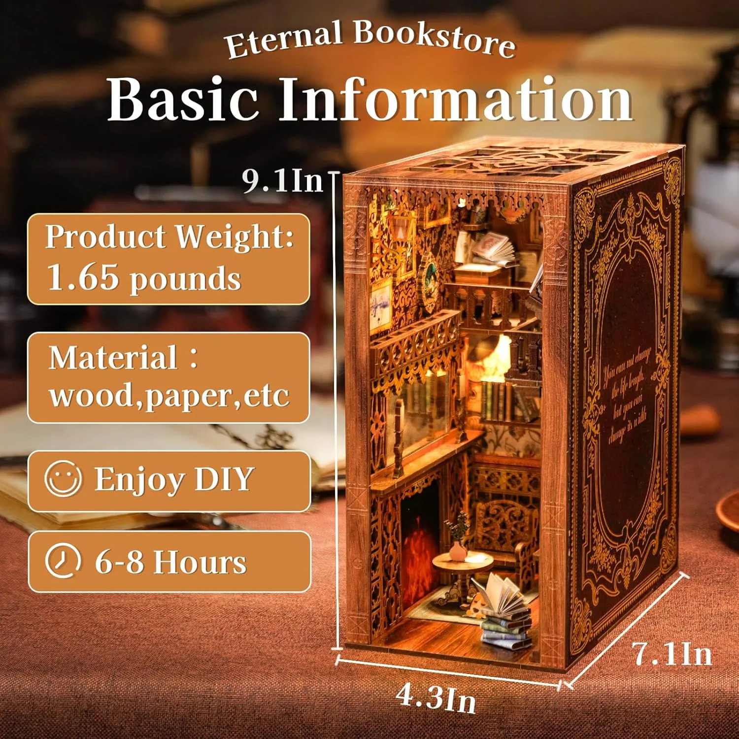 Cutefun Book Nook Kit, DIY Miniature House Kit for Adults, 3D Wooden Puzzle Bookend Bookshelf Insert Decor with LED Light and Dust Cover, Booknook Gifts for Book Lovers (Eternal Bookstore)