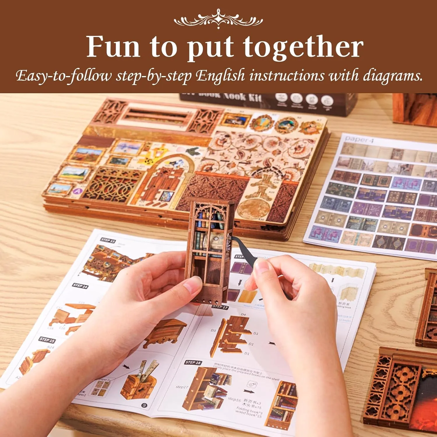 Cutefun Book Nook Kit, DIY Miniature House Kit for Adults, 3D Wooden Puzzle Bookend Bookshelf Insert Decor with LED Light and Dust Cover, Booknook Gifts for Book Lovers (Eternal Bookstore)
