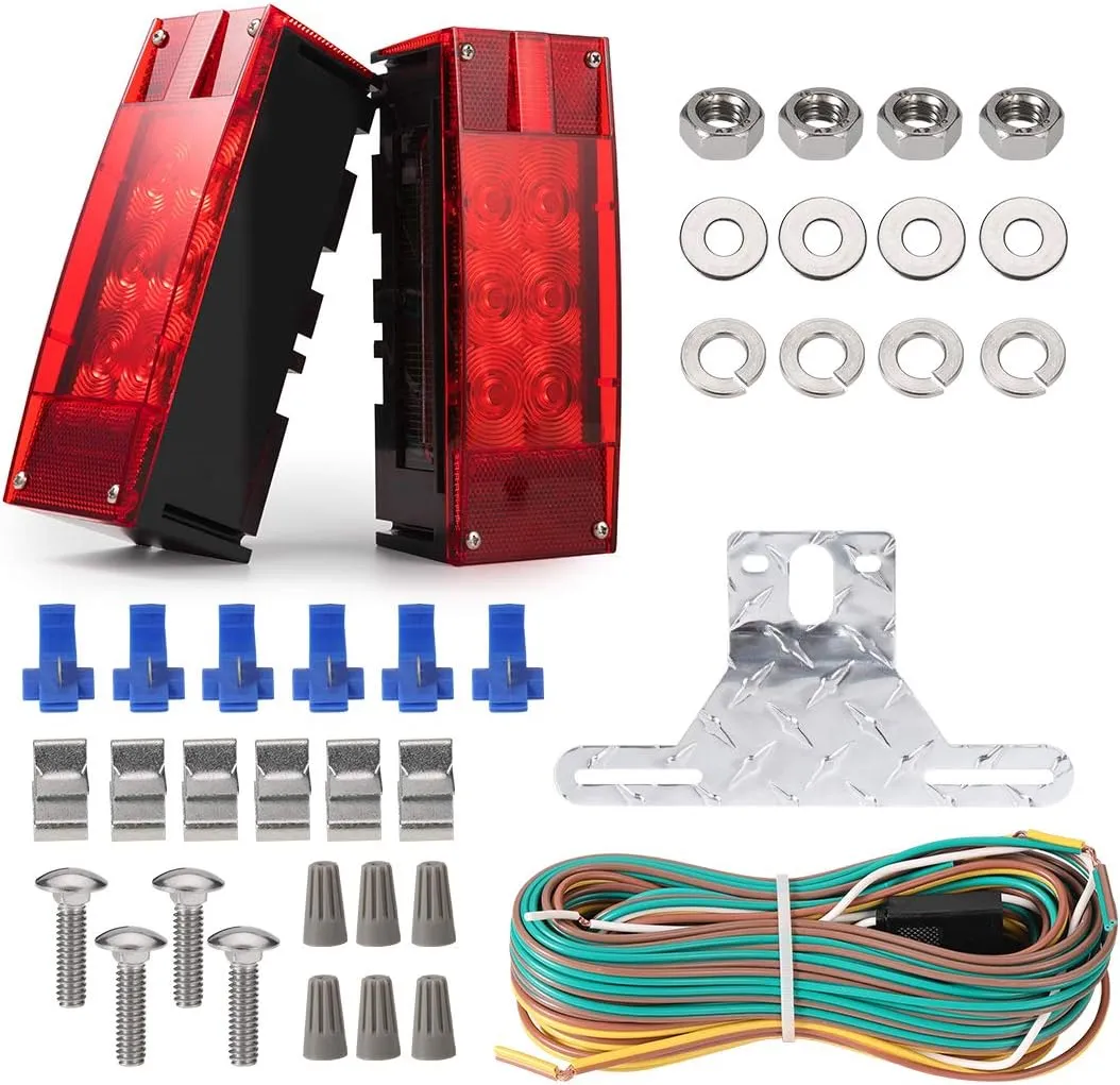 CZC AUTO Exclusive 12V LED Low Profile Submersible Rectangular Trailer Light Kit Tail Stop Turn Running Lights for Boat Trailer Truck with Aluminum Trailer License Plate Bracket, Stainless Hardware