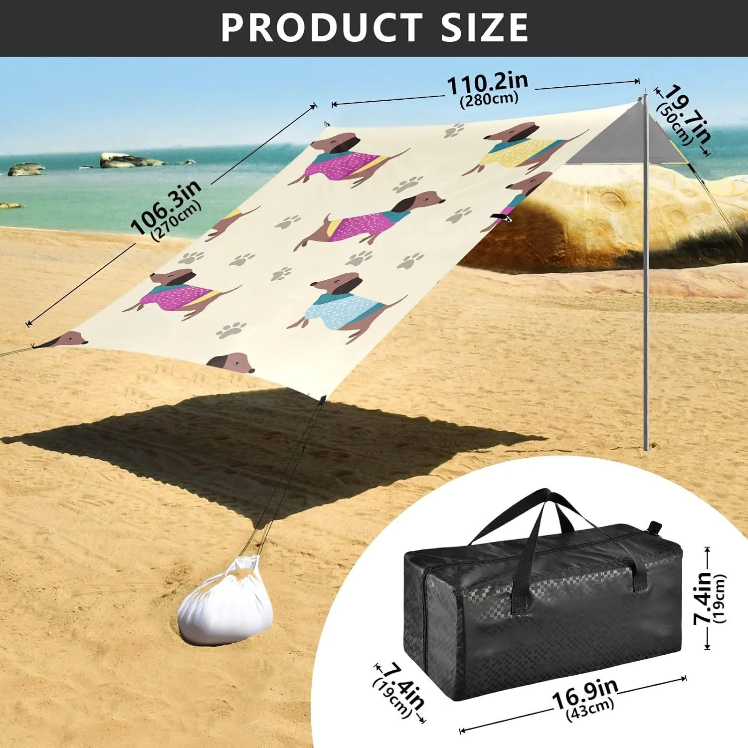 Dachshund Dogs Colorful Sweater Beach Canopy Tent 9.2 × 10.5 FT Outdoor Patio Shade Cute Kids Waterproof Camping Sun Shelter Yard with Poles Sand Anchor