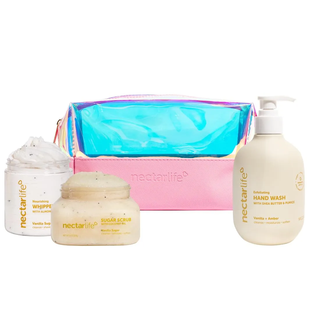 Daily Glow Kit Body Skin Care Set, Whipped Soap, Sugar Body Scrub, Hand Wash (Full Size, Vanilla)