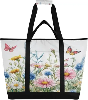 Daisy Flowers Reusable Insulated Lunchbox Cooler Bag, Leakproof Kitchen Grocery Bag Collapsible Portable Cooler Tote Bag for Picnic, Camping, Office, Travel