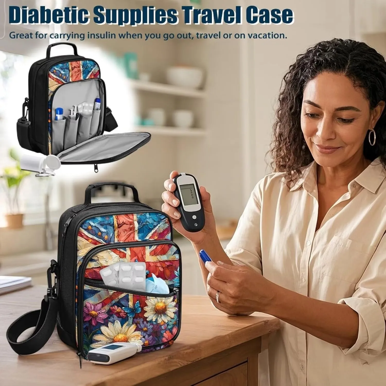 Diabetes Supplies Bag, Union Flag Daisy Diabetic Organizer Carrying Case Kit, Portable Diabetes Testing Kit Case with Adjustable Shoulder Strap