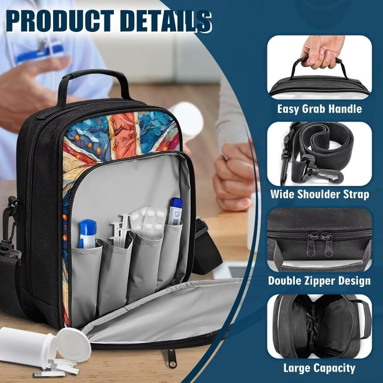 Diabetes Supplies Bag, Union Flag Daisy Diabetic Organizer Carrying Case Kit, Portable Diabetes Testing Kit Case with Adjustable Shoulder Strap