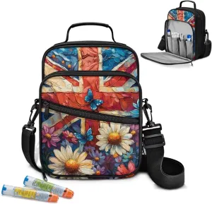 Diabetes Supplies Bag, Union Flag Daisy Diabetic Organizer Carrying Case Kit, Portable Diabetes Testing Kit Case with Adjustable Shoulder Strap