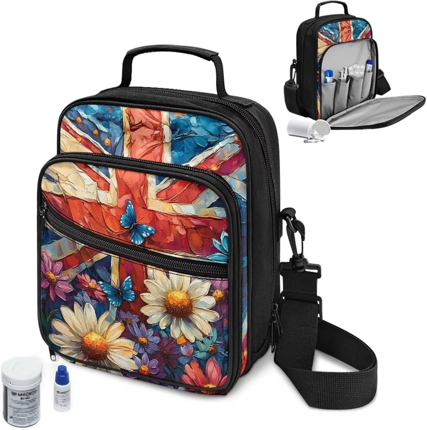 Diabetes Supplies Bag, Union Flag Daisy Diabetic Organizer Carrying Case Kit, Portable Diabetes Testing Kit Case with Adjustable Shoulder Strap