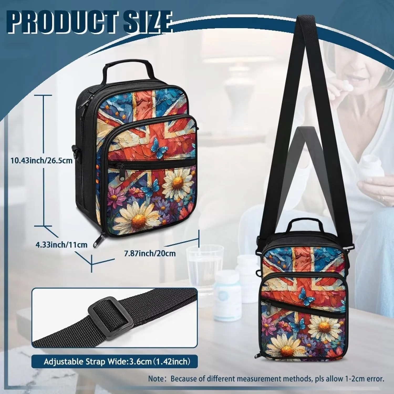 Diabetes Supplies Bag, Union Flag Daisy Diabetic Organizer Carrying Case Kit, Portable Diabetes Testing Kit Case with Adjustable Shoulder Strap