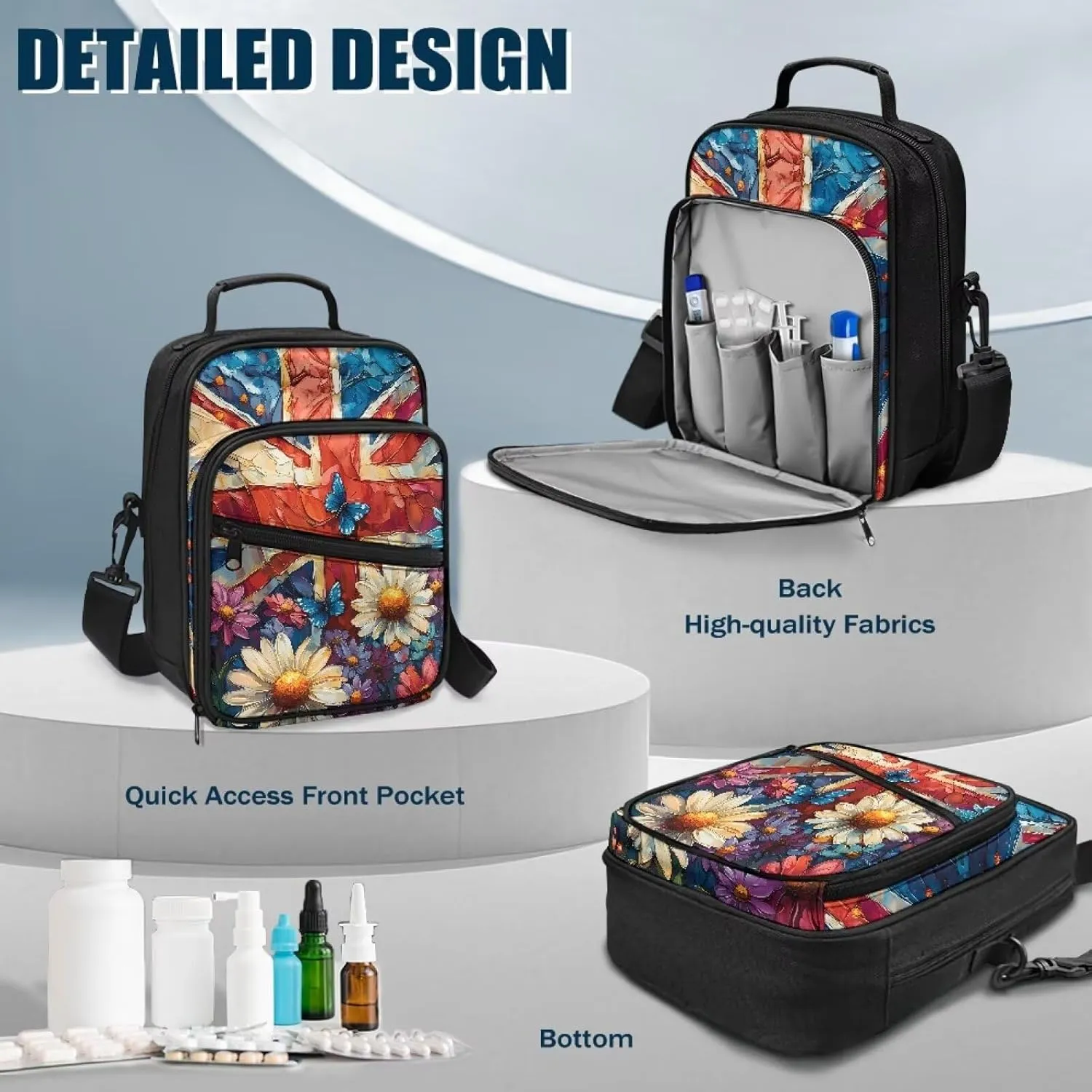 Diabetes Supplies Bag, Union Flag Daisy Diabetic Organizer Carrying Case Kit, Portable Diabetes Testing Kit Case with Adjustable Shoulder Strap