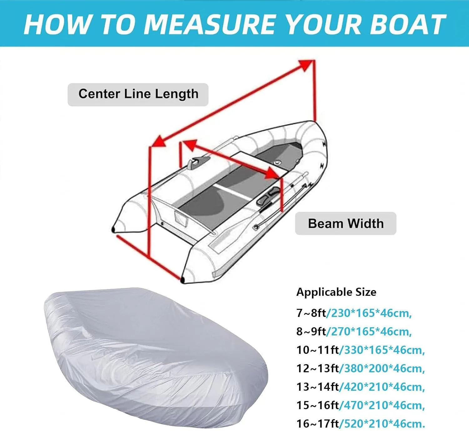 Dinghy Covers 7 Sizes Boat Covers UV Resistant Boat Tarp for Small Inflatable and Rigid Inflatable Boats,520 * 210 * 46cm