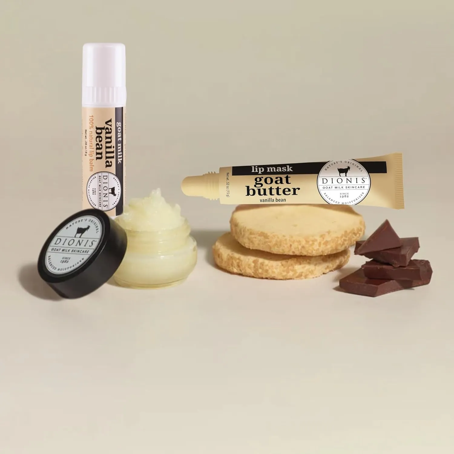Dionis Goat Milk Vanilla Bean 3-Piece Lip Care Kit, Travel Bag Included – Sugar Polish, Goat-Butter Overnight Mask & Scented Jumbo Lip-Balm - Moisturizing Clean Beauty, Cruelty-Free, Made in USA