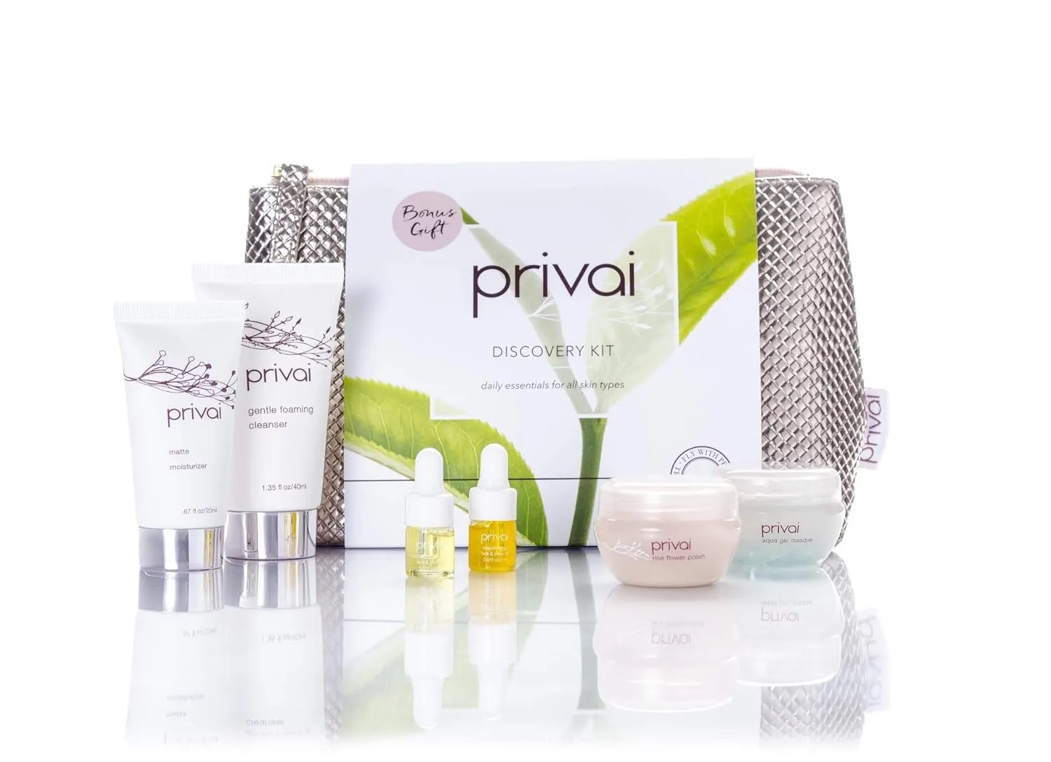 Discovery Kit - daily essentials for All Skin Types, Travel Friendly, Kit Includes: Foaming Face Cleanser, Matte Moisturizer, Rice Flower Polish, Face and Body Oil, Antioxidant Repair