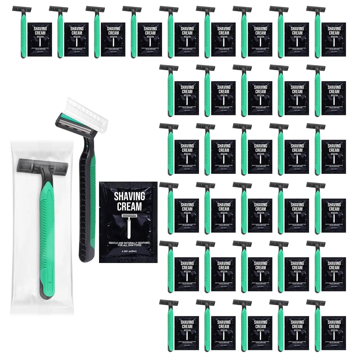 Disposable Razors in Bulk Razors and Shaving Cream Bulk,Shave Kit in Bulk Twin Blade Razors with Protective Cap for Hotel, Airbnb, Homeless, Shelter, Camping and Travel (60)