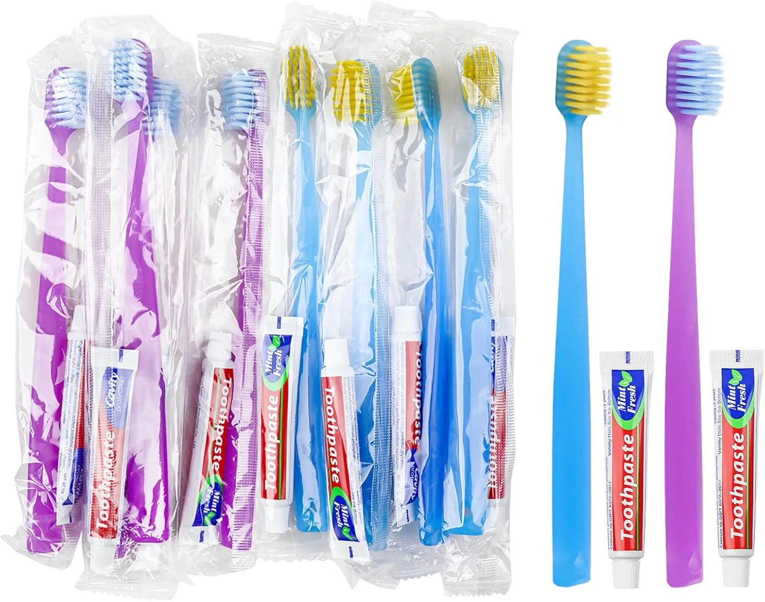 Disposable Toothbrushes with Toothpaste Individually Wrapped,Bulk Toothbrush 2 Colors and Toothpaste Bulk 10 gram,Bulk Hygiene Kits for Homeless,Air Bnb/Hotel/Charity (50)