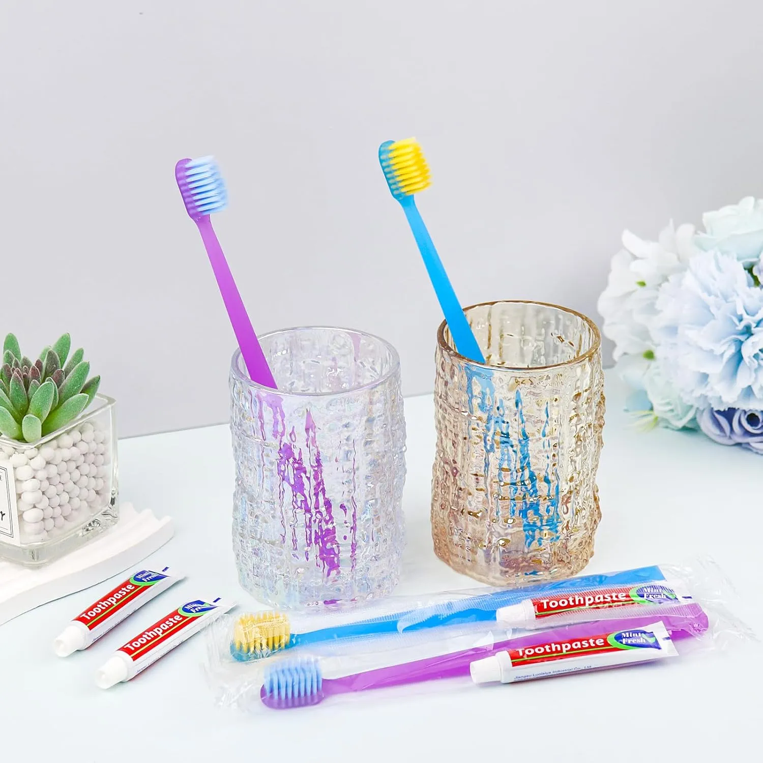 Disposable Toothbrushes with Toothpaste Individually Wrapped,Bulk Toothbrush 2 Colors and Toothpaste Bulk 10 gram,Bulk Hygiene Kits for Homeless,Air Bnb/Hotel/Charity (50)