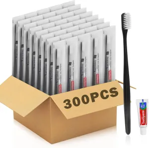 Disposable Toothbrushes with Toothpaste Pack of 300,Black Individually Wrapped Disposable Travel Toothbrush Kit in Bulk for Homeless,Nursing Home,Shelter,Hotel,Charity