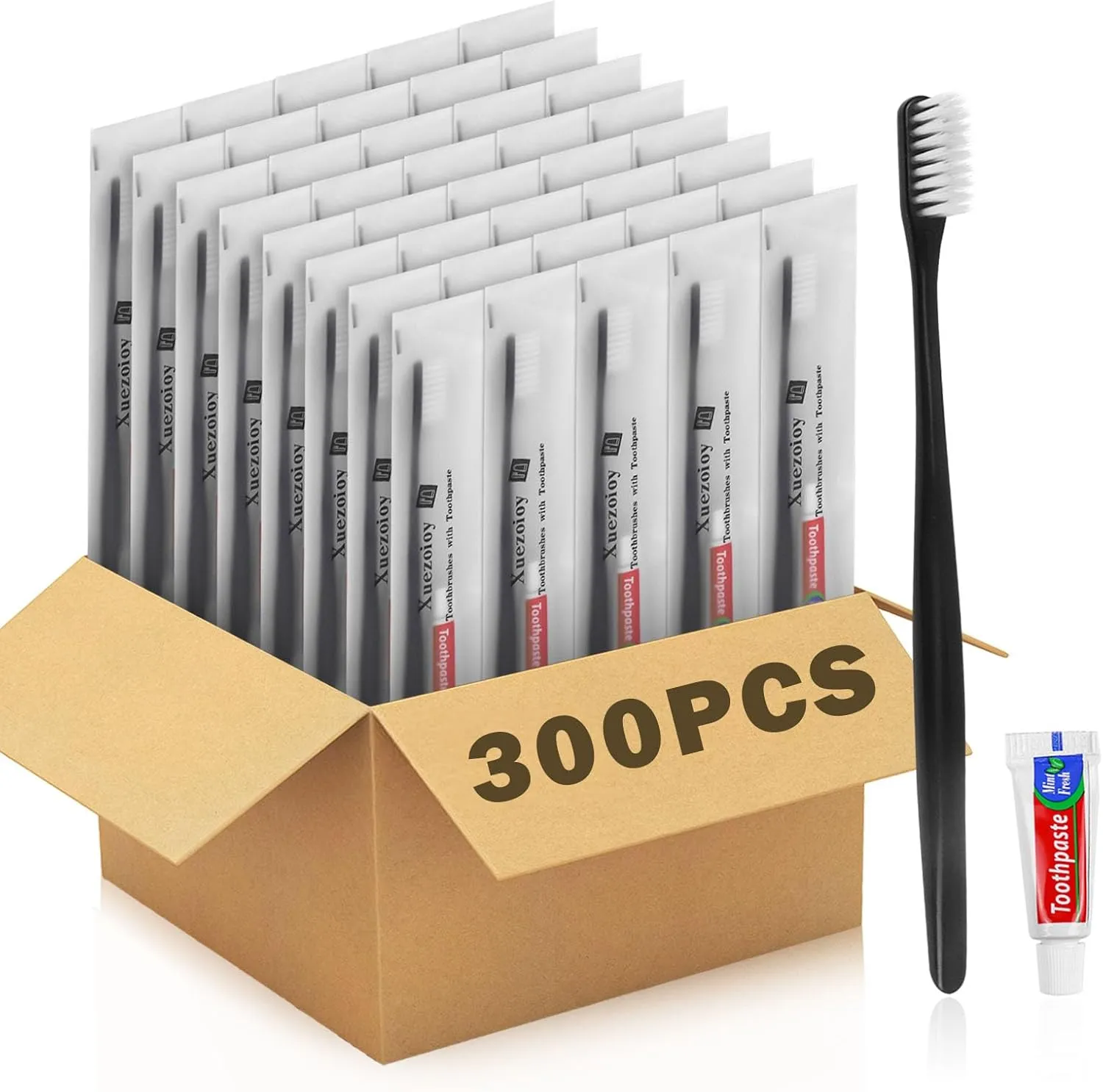 Disposable Toothbrushes with Toothpaste Pack of 300,Black Individually Wrapped Disposable Travel Toothbrush Kit in Bulk for Homeless,Nursing Home,Shelter,Hotel,Charity
