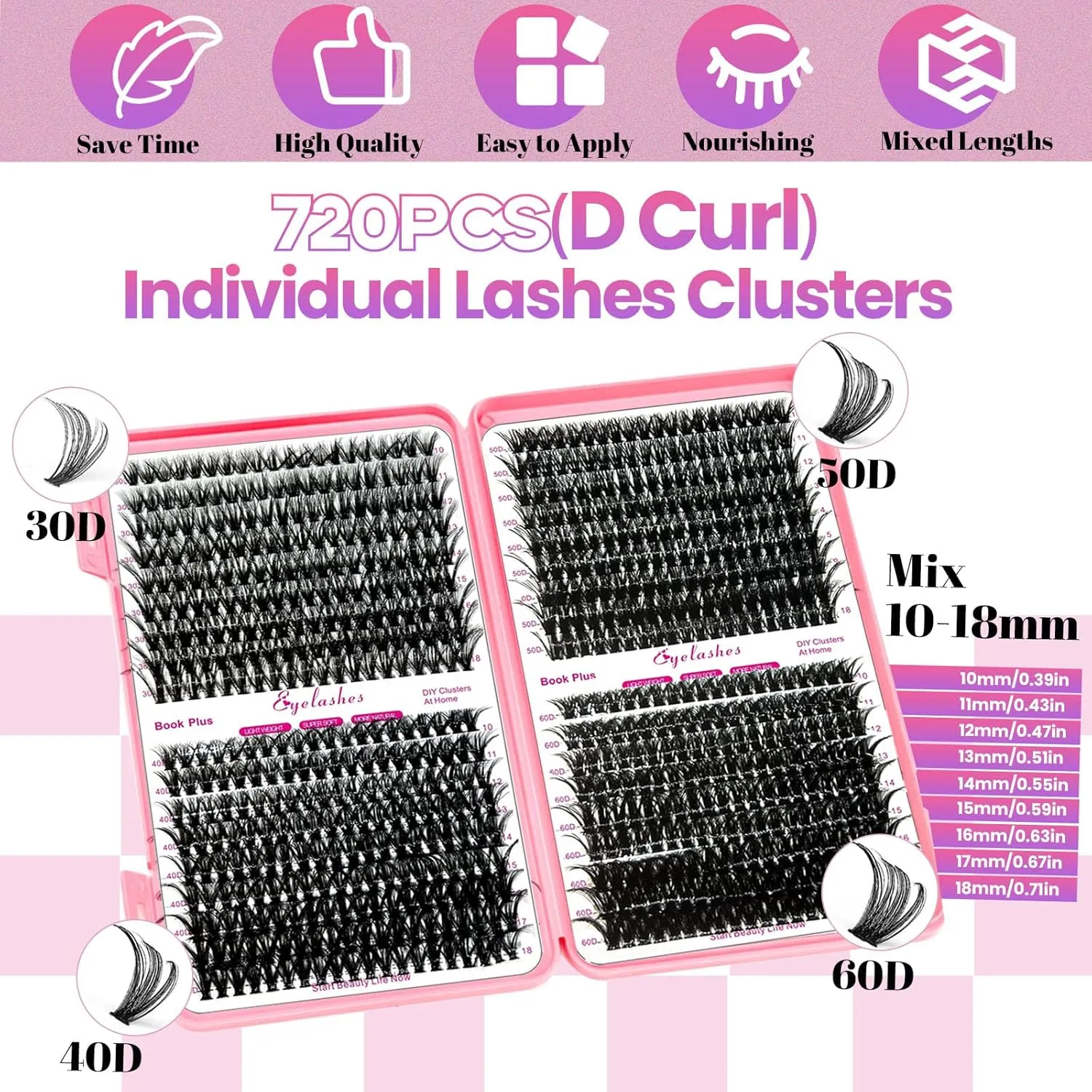DIY Lash Extension Kit 720pcs Individual Lashes Clusters D Curl Eyelash Extension Kit with Lash Bond and Seal, Eyelash Remover Tweezers Brush(10-18mm,30D 40D 50D 60D) Lash Books DIY at Home