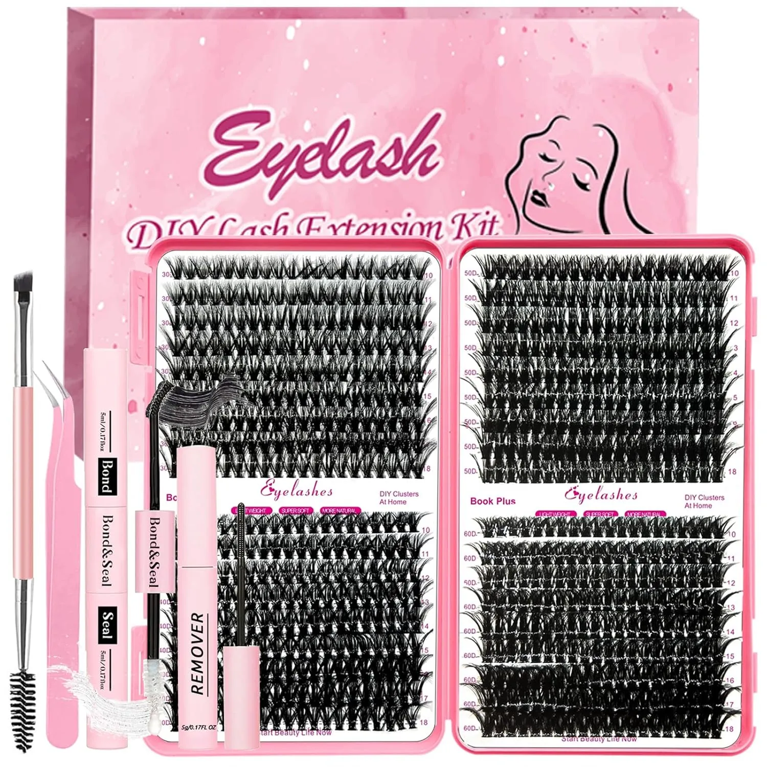DIY Lash Extension Kit 720pcs Individual Lashes Clusters D Curl Eyelash Extension Kit with Lash Bond and Seal, Eyelash Remover Tweezers Brush(10-18mm,30D 40D 50D 60D) Lash Books DIY at Home