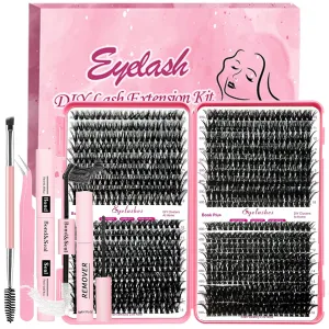 DIY Lash Extension Kit 720pcs Individual Lashes Clusters D Curl Eyelash Extension Kit with Lash Bond and Seal, Eyelash Remover Tweezers Brush(10-18mm,30D 40D 50D 60D) Lash Books DIY at Home