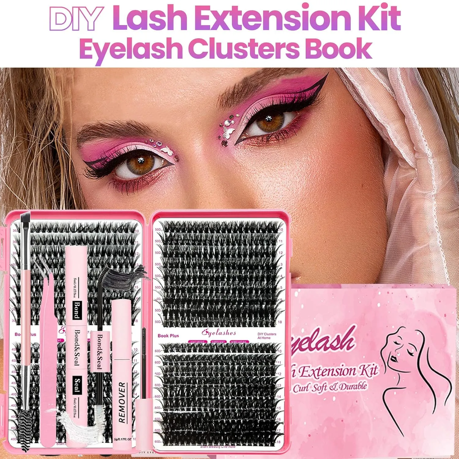 DIY Lash Extension Kit 720pcs Individual Lashes Clusters D Curl Eyelash Extension Kit with Lash Bond and Seal, Eyelash Remover Tweezers Brush(10-18mm,30D 40D 50D 60D) Lash Books DIY at Home