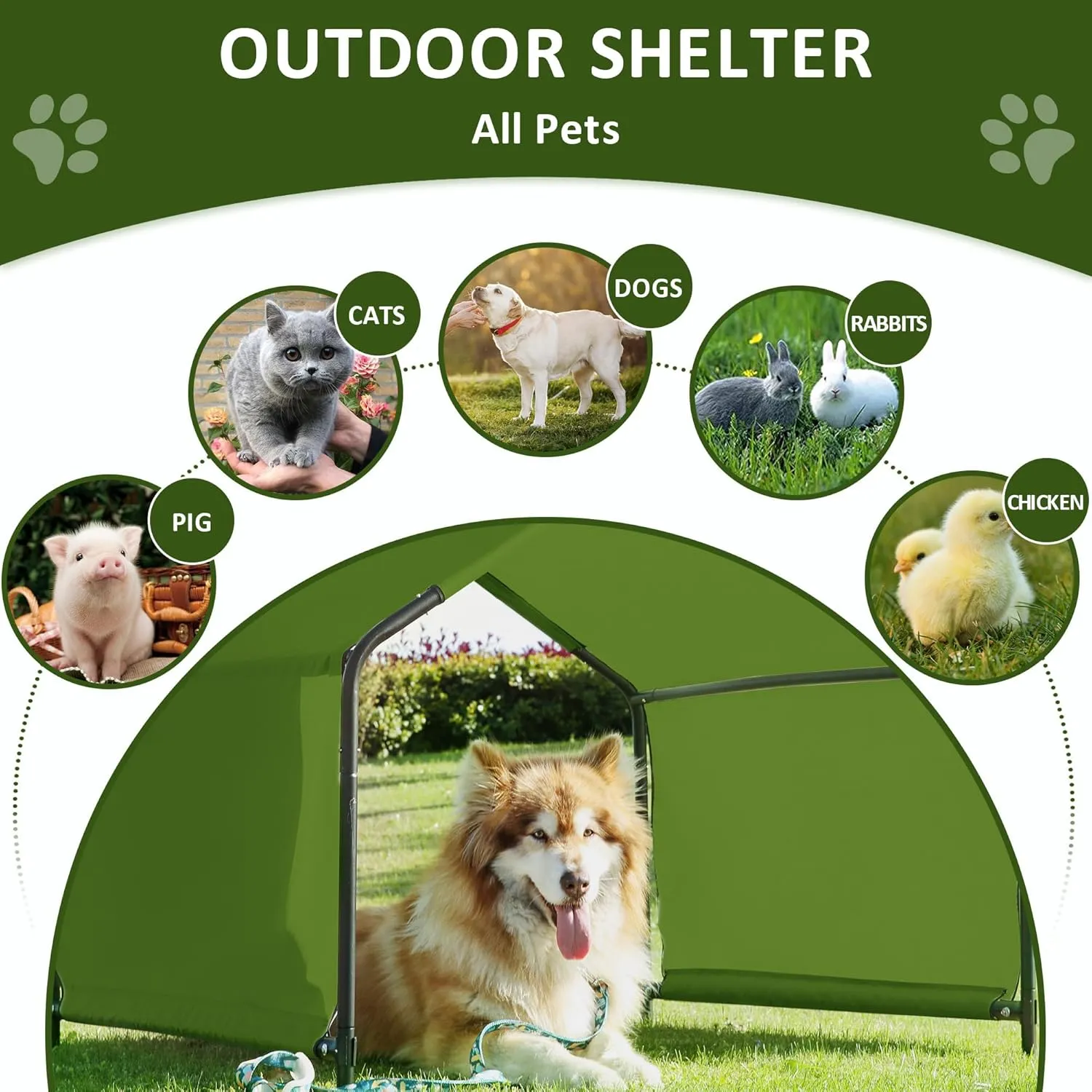 Dog Shade Shelter Outdoor Dark Green Tent for Large Medium Dogs, 4'x4'x3' Outside Sun Rain Canopy Pet House for Cats Pigs Livestock with Waterproof Roof Ground Nails…