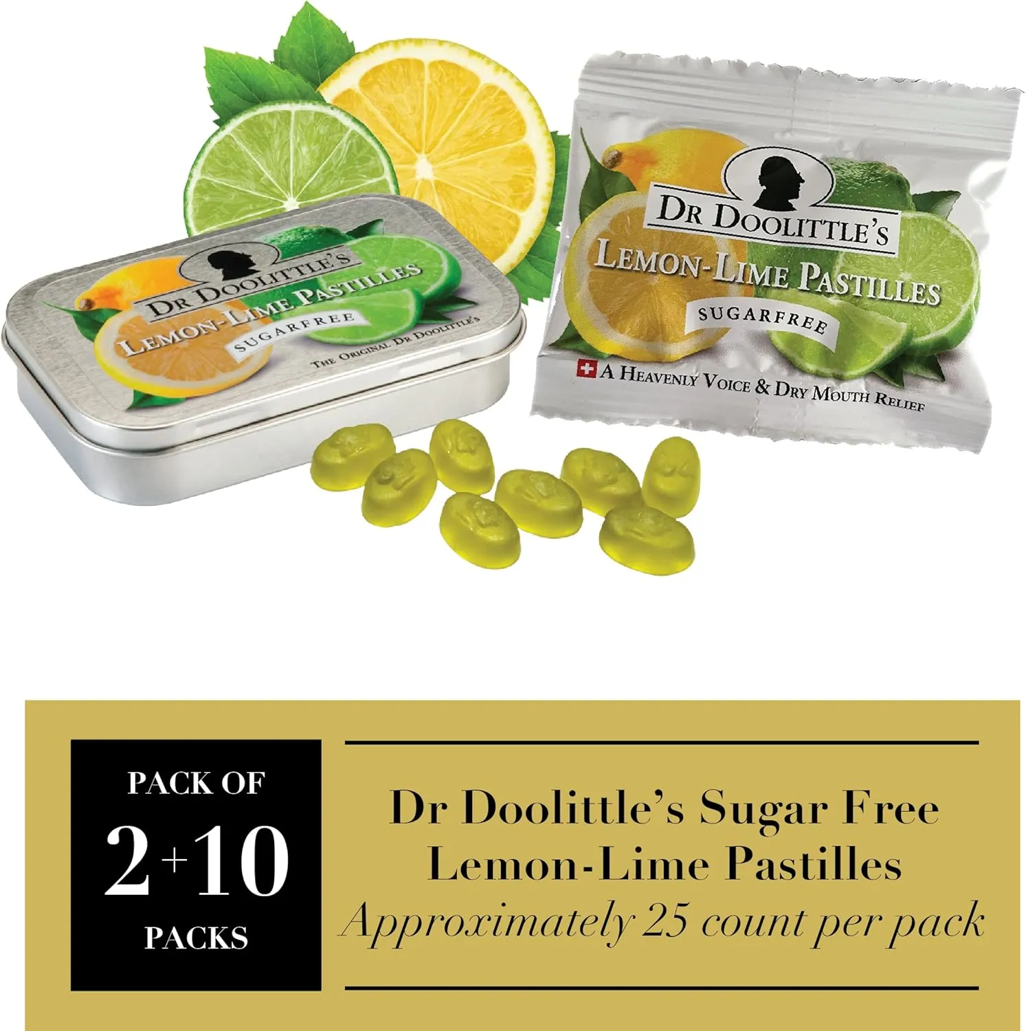 DOOLITTLE Dr Sugar Free Soft Fruit Pastilles for Voice and Throat, Lemon Lime Flavor, Multipack of 2.12 Ounce Tin, 2 Pack and .33 Ounce Travel Size Bag, 10 Pack