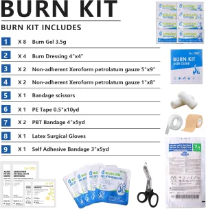 Dr.Med Burn Kit, 4pcs Burn Dressings 4x4”, 8pcs Burn Gel 3.5g, 4pcs Non-Adherent Xeroform Petrolatum Gauze, Burn First Aid Cooling Soothing Cream with Bandage, Latex Surgical Gloves, Scissors, Tape