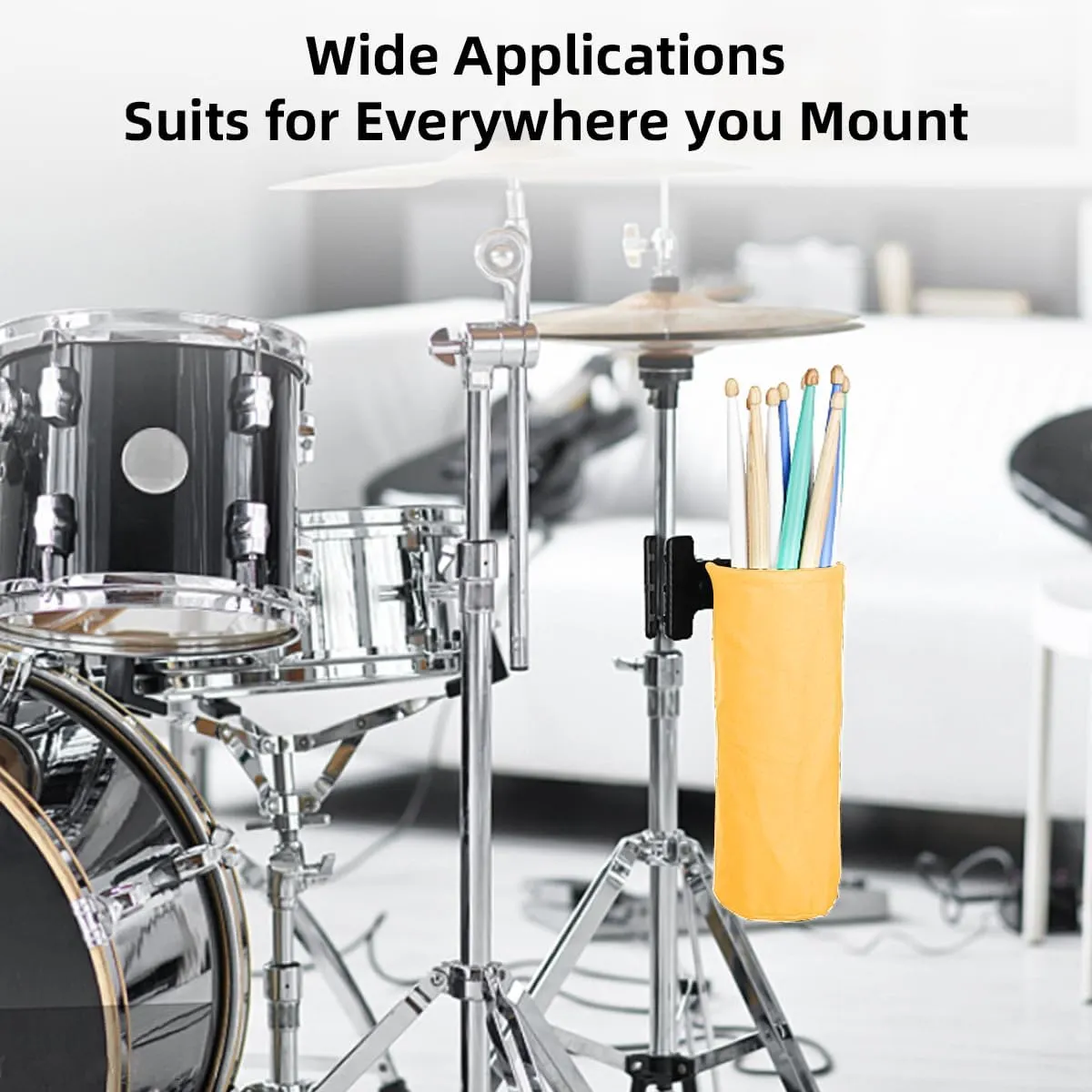Drum Stick Holder, Adjustable Drum Sticks Bag, Drumstick or Brushes Mallets Container Bag, Clamp-On Lockable Aluminium Alloy Drumstick Holder for Drum Set Kit & Music Stand (yellow)