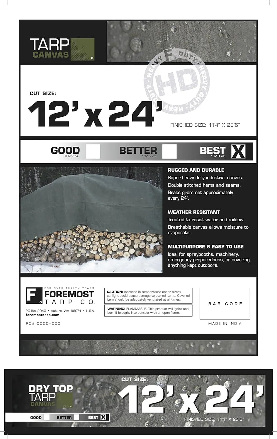Dry Top 61224 Canvas Tarp, 12x24 Feet, Olive Green Drab