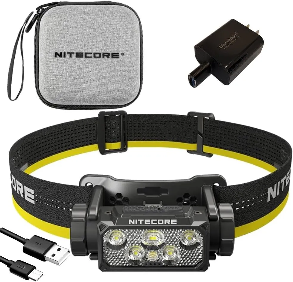 EdisonBright Nitecore HC60 UHE 1600 Lumen USB-C Rechargeable Headlamp with White and Red Beams with EBR Charging Cable