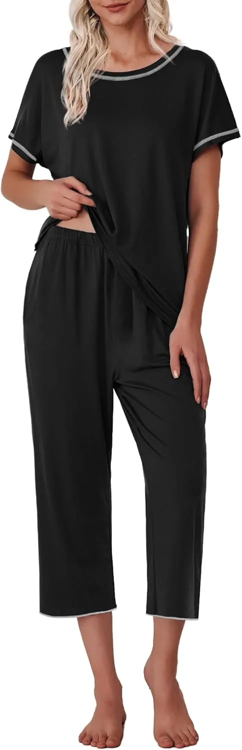 Ekouaer 2 Pack: Womens Pajamas Short Sleeve Sleepwear Tops and Capri Pants Pjs Print Pajama Sets