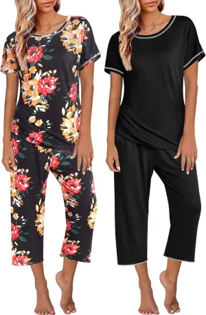Ekouaer 2 Pack: Womens Pajamas Short Sleeve Sleepwear Tops and Capri Pants Pjs Print Pajama Sets
