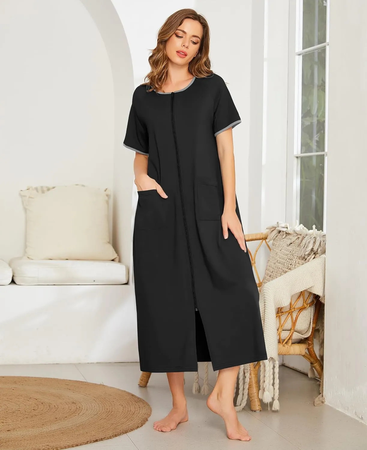 Ekouaer Women Robes Zipper Front Short Sleeve Full Length Housecoat with Pockets Loungewear S-4XL