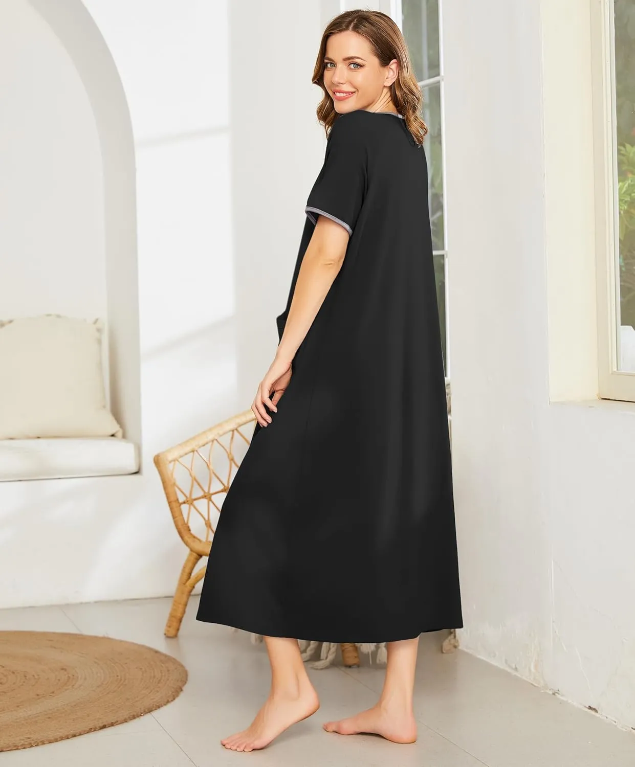 Ekouaer Women Robes Zipper Front Short Sleeve Full Length Housecoat with Pockets Loungewear S-4XL