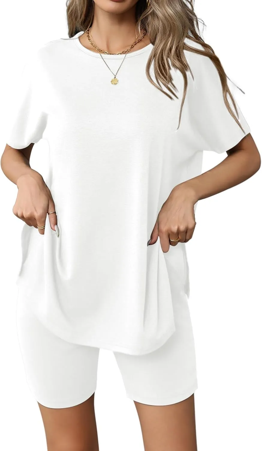 Ekouaer Women's 2 Piece Lounge Set 2025 Summer Biker Shorts Set Outfits Short Sleeve Oversized Top Matching Tracksuit