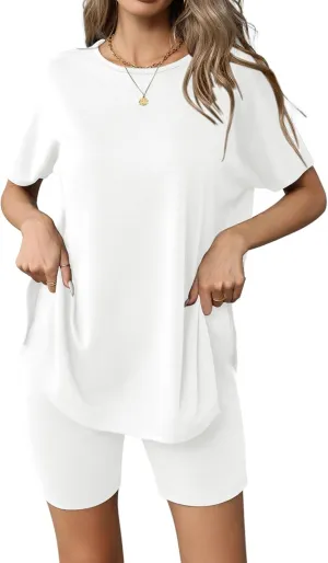 Ekouaer Women's 2 Piece Lounge Set 2025 Summer Biker Shorts Set Outfits Short Sleeve Oversized Top Matching Tracksuit