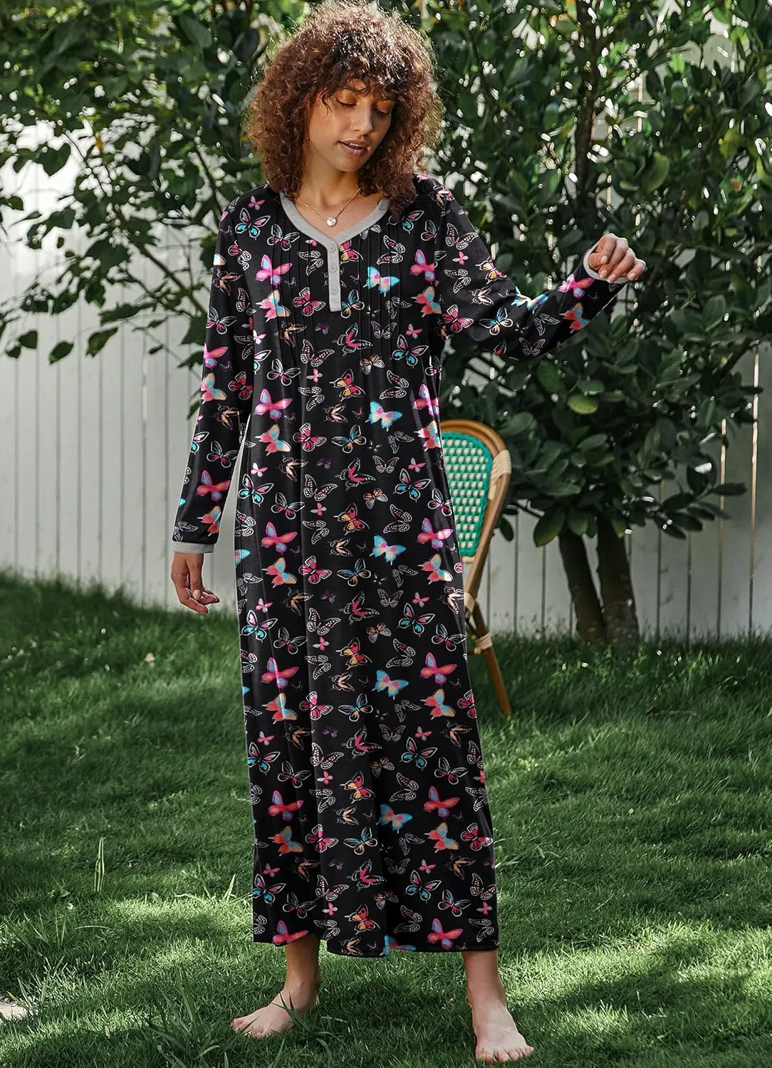 Ekouaer Women's Long Sleeve Nightgown Full Length Sleepwear Long Sleepshirts Henley Sleep Dress S-4XL