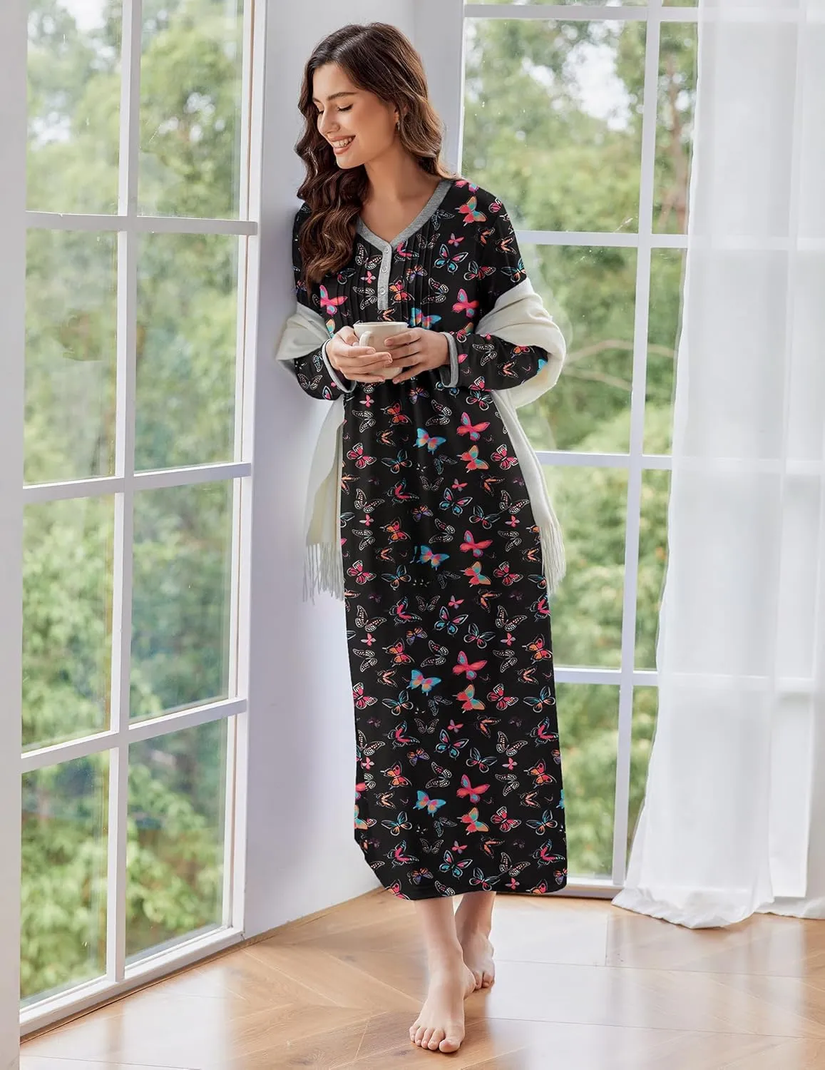 Ekouaer Women's Long Sleeve Nightgown Full Length Sleepwear Long Sleepshirts Henley Sleep Dress S-4XL