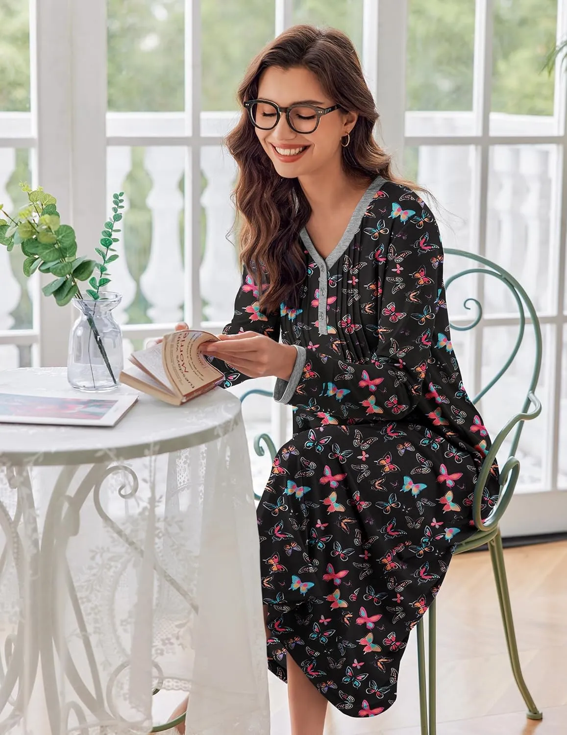 Ekouaer Women's Long Sleeve Nightgown Full Length Sleepwear Long Sleepshirts Henley Sleep Dress S-4XL
