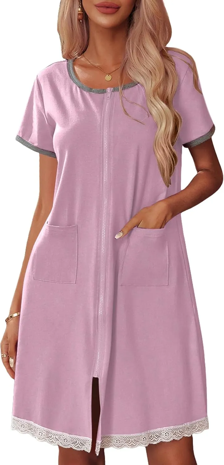 Ekouaer Womens Zipper Front Housecoats Short Sleeve Bathrobes Lace Trim Nightgown with Pockets