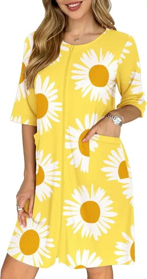 Ekouaer Zip Up Robes for Women Short Waffle Bathrobe Lightweight Knee Length Housecoat with Pockets Nightgown S-3XL