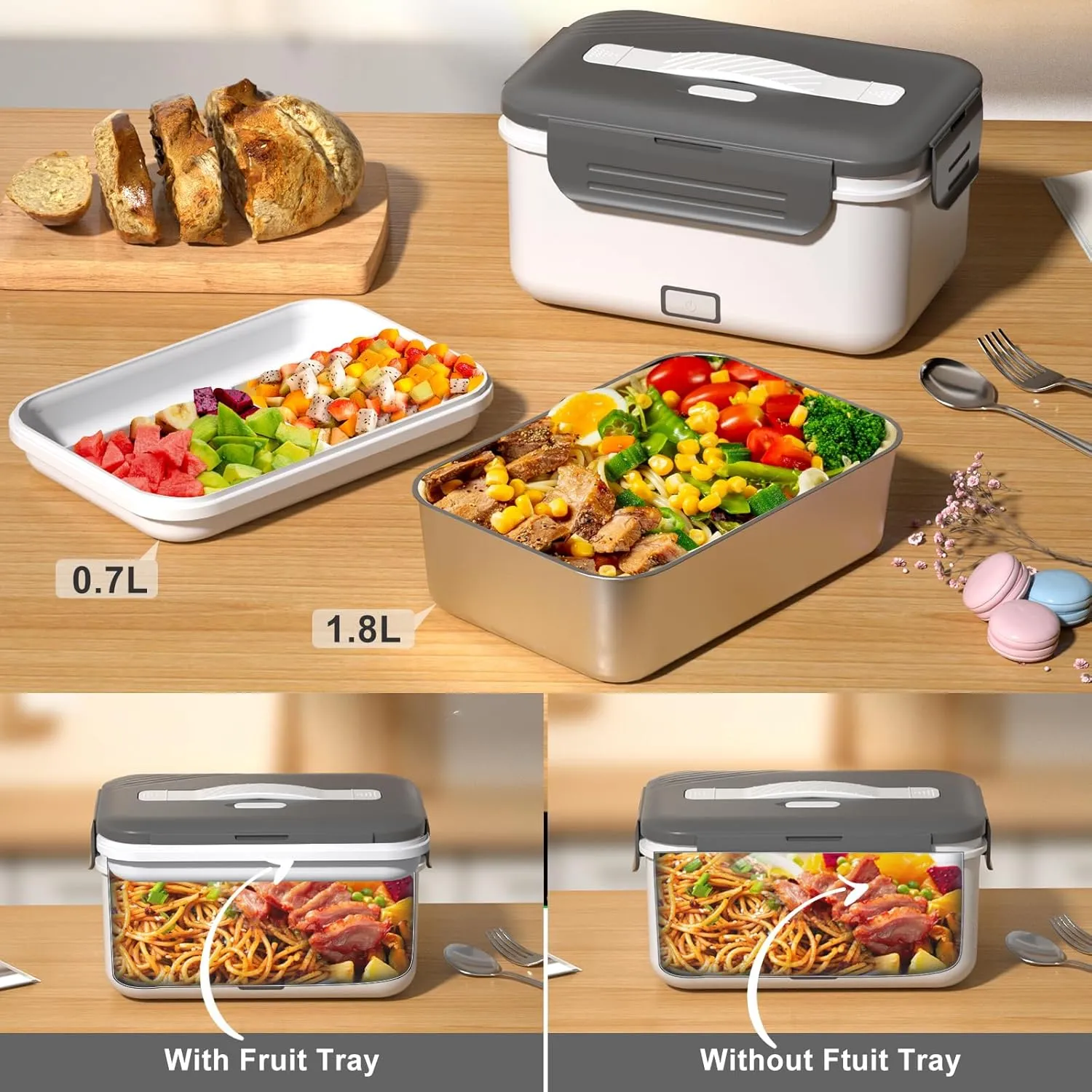 Electric Lunch Box for Adults, 100W/1.8L Heated Lunch Box for Men Work/Car/Truck, Portable Food Warmer Lunch Box Upgraded with Fork&Spoon and Insulated Carry Bag, 12V/24V/110V